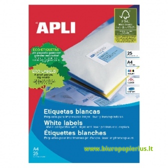  Etiketiniai lipdukai APLI, 63,5 x 38,1 mm suapvalinti kamp., A4, 21 lipdukai lape, 25 lapai, balta