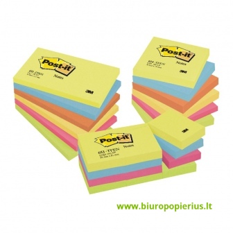  Lipnūs lapeliai POST-IT Energetic colours, 76 x 76 mm, įvairūs ryškūs atspalviai, 6 vnt./pak.