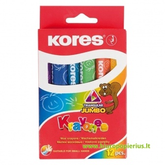  Vaškinės trikampės kreidelės KORES  JUMBO, 12 spalvų