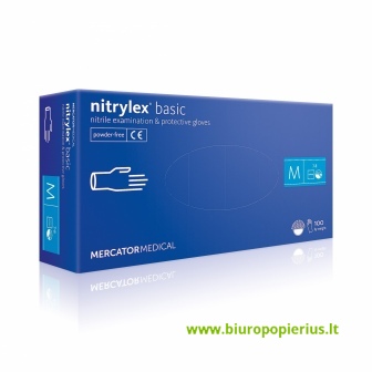  Vienkartinės pirštinės NITRYLEX Basic, nitrilinės, nepudruotos, mėlynos spalvos, M, 100 vnt.